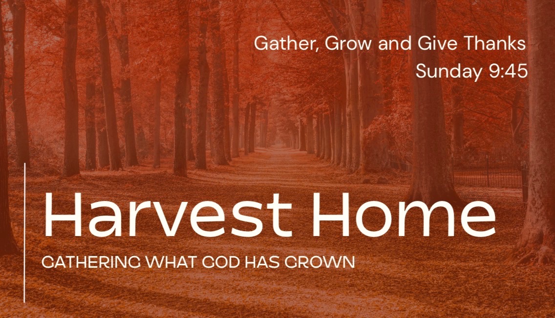 Harvest Home series artwork: Gathering What God Has Grown, over a path through autumn trees